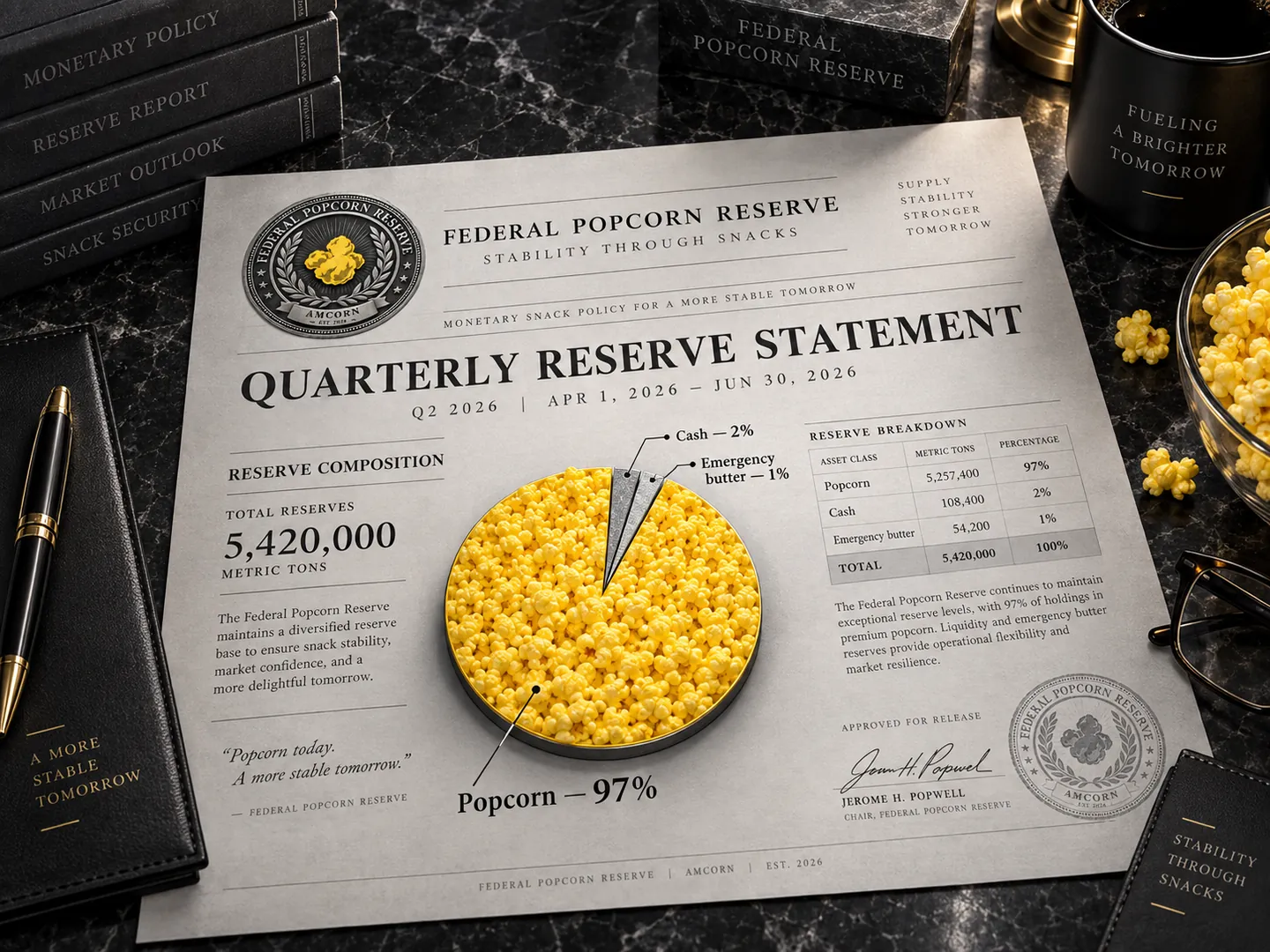 Quarterly Reserve Statement showing 97 percent popcorn, 2 percent cash and 1 percent emergency butter.
