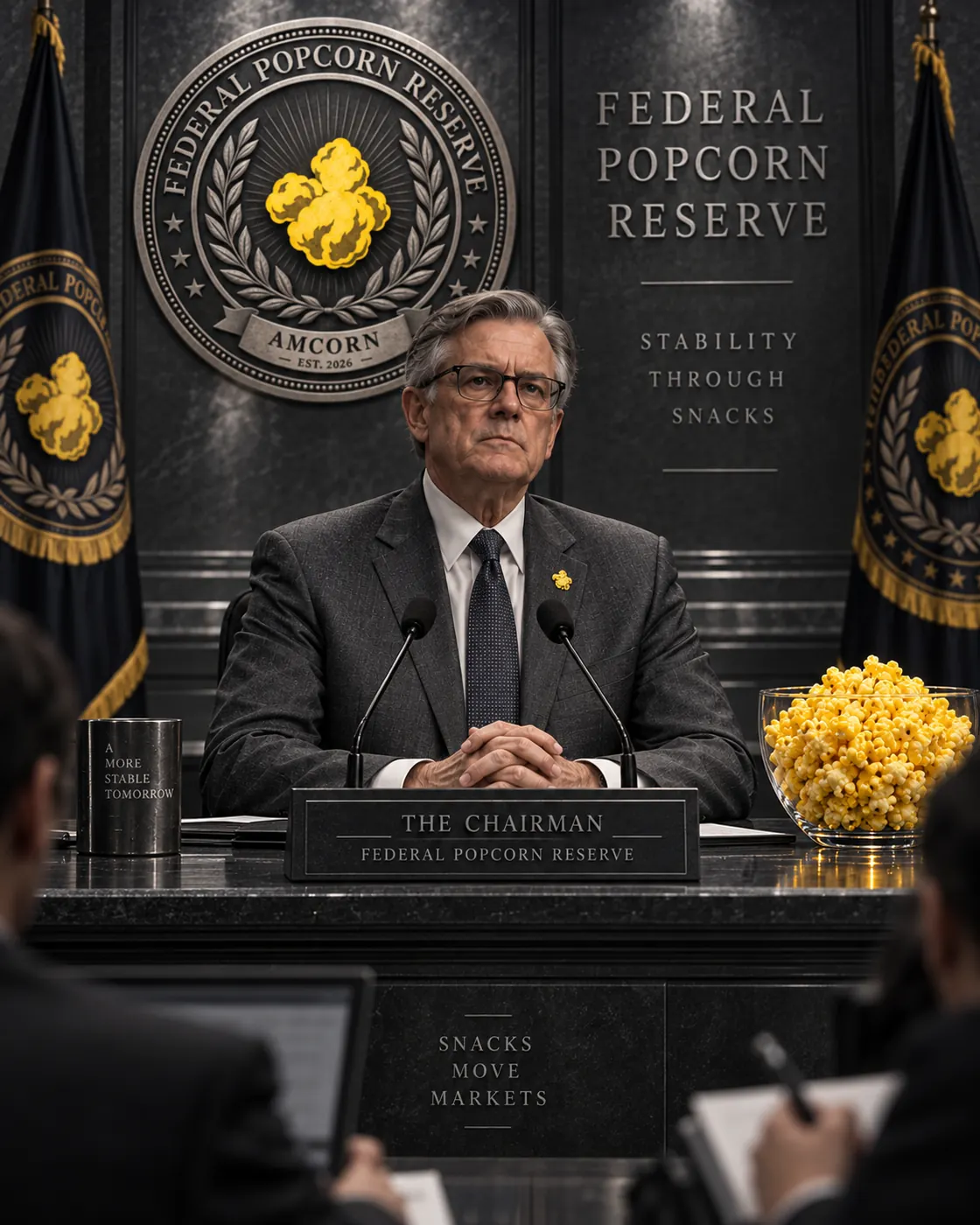Fictional Chairman of the Federal Popcorn Reserve at an institutional press briefing.